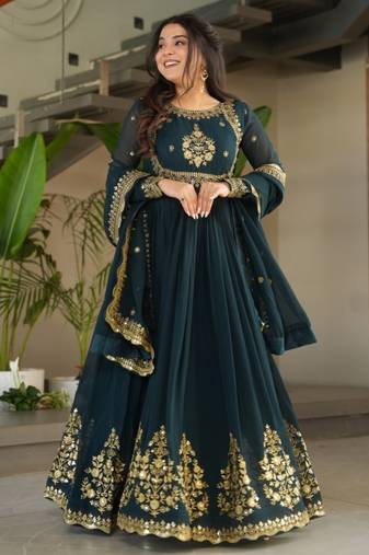 Peacock green festive wear designer faux blooming georgette zari thread & sequins embroidery work readymade suit