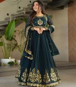 Peacock green festive wear designer faux blooming georgette zari thread & sequins embroidery work readymade suit