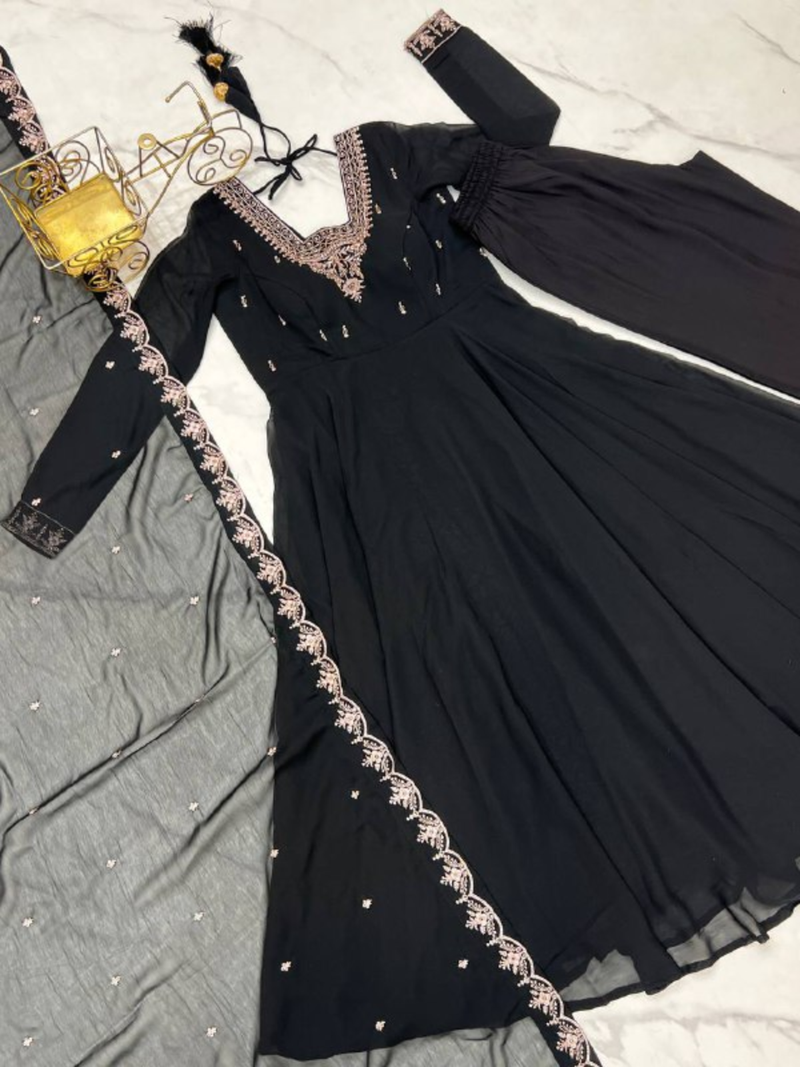 Black festive wear designer heavy pure soft fox georgette embroidery zari work readymade suit