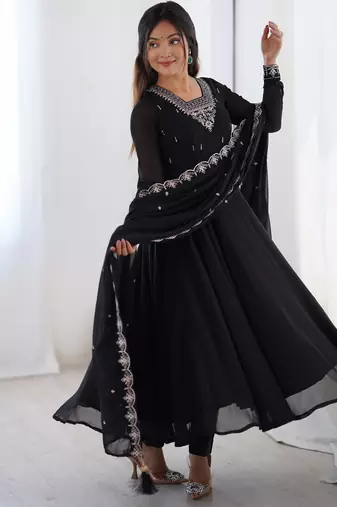 Black festive wear designer heavy pure soft fox georgette embroidery zari work readymade suit