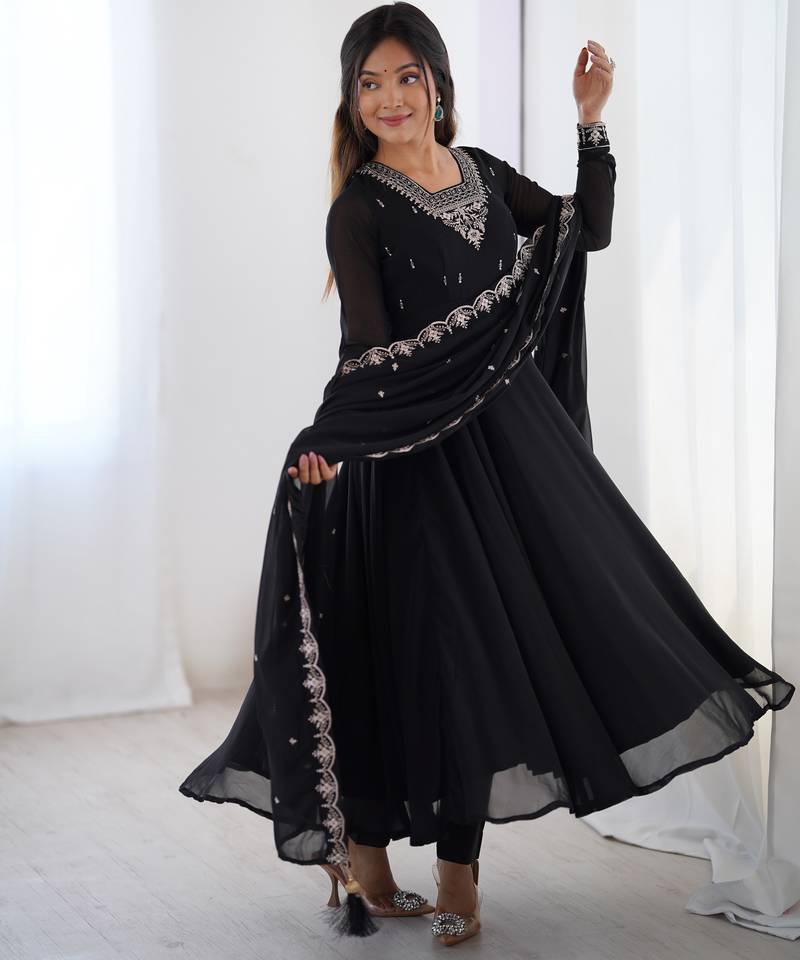 Black festive wear designer heavy pure soft fox georgette embroidery zari work readymade suit