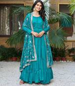 Blue festive wear designer pure vichitra silk sequins-multi & zari embroidered work readymade suit