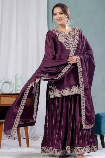 Wine festive wear designer pure heavy chinnon silk heavy embroidery coding sequence work readymade suit