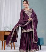Wine festive wear designer pure heavy chinnon silk heavy embroidery coding sequence work readymade suit