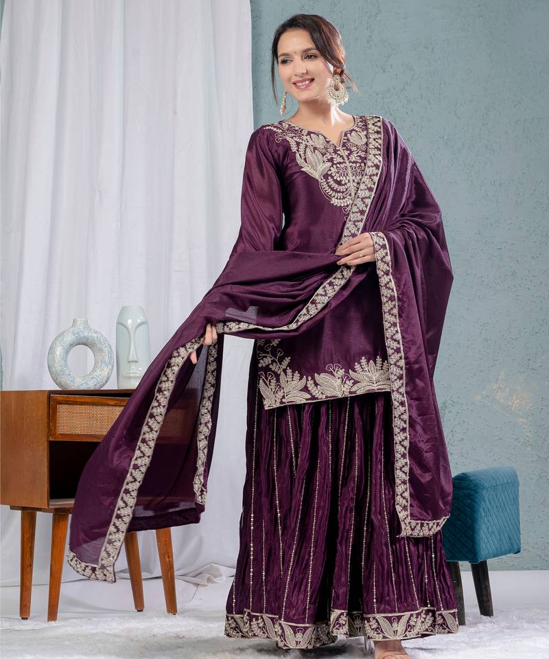 Wine festive wear designer pure heavy chinnon silk heavy embroidery coding sequence work readymade suit