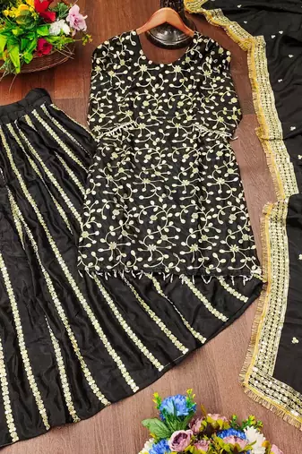 Black festive wear designer chinon sequence embroidery work readymade suit