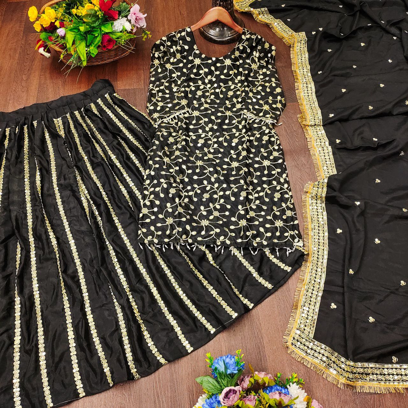 Black festive wear designer chinon sequence embroidery work readymade suit