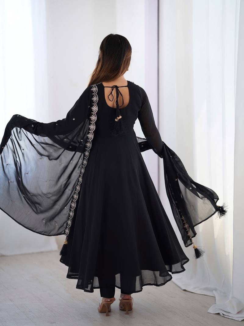 Black festive wear designer heavy pure soft fox georgette embroidery zari work readymade suit