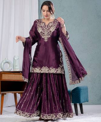 Wine festive wear designer pure heavy chinnon silk heavy embroidery coding sequence work readymade suit 2