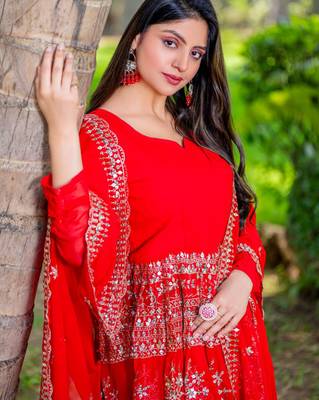 Red festive wear designer heavy fox georgette   readymade suit 4