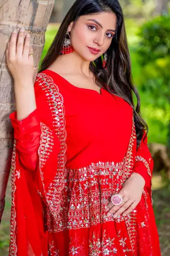 Red festive wear designer heavy fox georgette   readymade suit