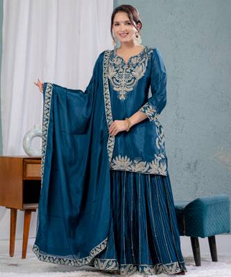 Teal festive wear designer pure heavy chinnon silk heavy embroidery coding sequence work readymade suit 1