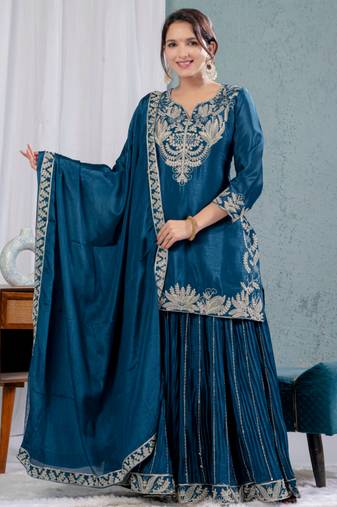 Teal festive wear designer pure heavy chinnon silk heavy embroidery coding sequence work readymade suit