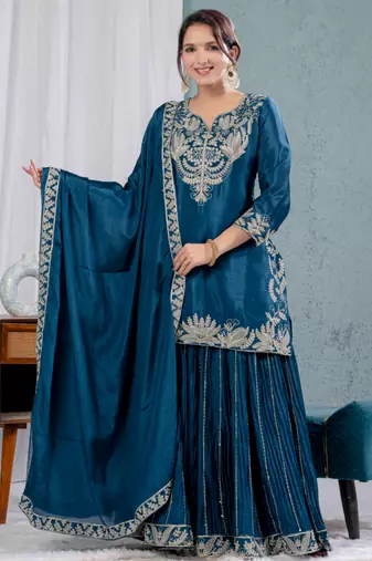 Teal festive wear designer pure heavy chinnon silk heavy embroidery coding sequence work readymade suit