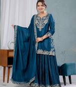 Teal festive wear designer pure heavy chinnon silk heavy embroidery coding sequence work readymade suit