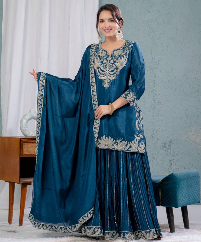 Teal festive wear designer pure heavy chinnon silk heavy embroidery coding sequence work readymade suit