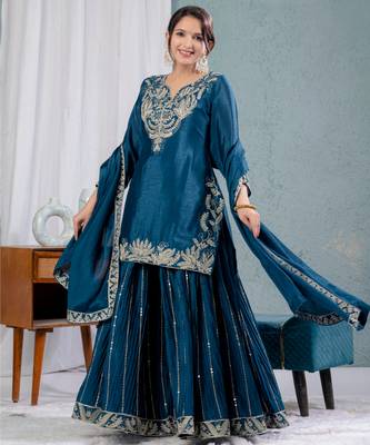 Teal festive wear designer pure heavy chinnon silk heavy embroidery coding sequence work readymade suit 2