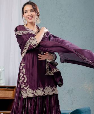 Wine festive wear designer pure heavy chinnon silk heavy embroidery coding sequence work readymade suit 3