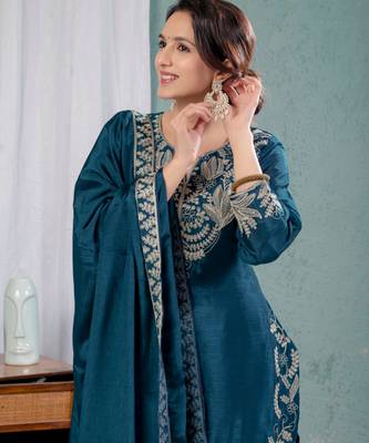 Teal festive wear designer pure heavy chinnon silk heavy embroidery coding sequence work readymade suit 3