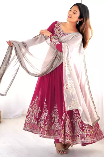 Pink festive wear designer heavy georgette multi thread heavy 5mm embroidery sequence work readymade suit