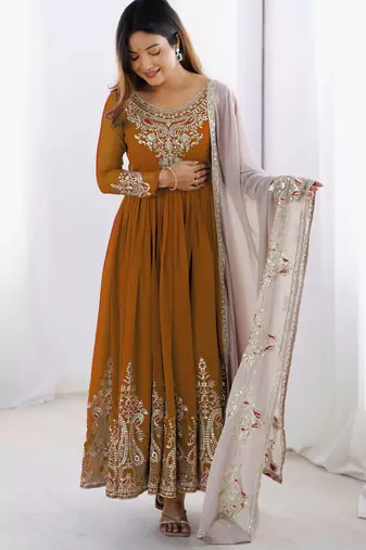 Mustard festive wear designer heavy georgette multi thread heavy 5mm embroidery sequence work readymade suit