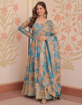 Blue festive wear designer russian silk digital print with embroidered sequence work readymade suit 1