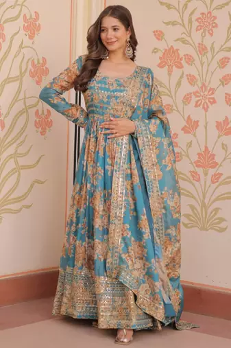 Blue festive wear designer russian silk digital print with embroidered sequence work readymade suit