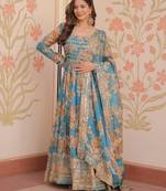 Blue festive wear designer russian silk digital print with embroidered sequence work readymade suit