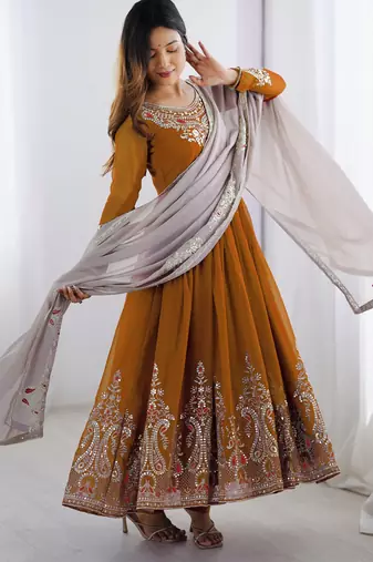 Mustard festive wear designer heavy georgette multi thread heavy 5mm embroidery sequence work readymade suit