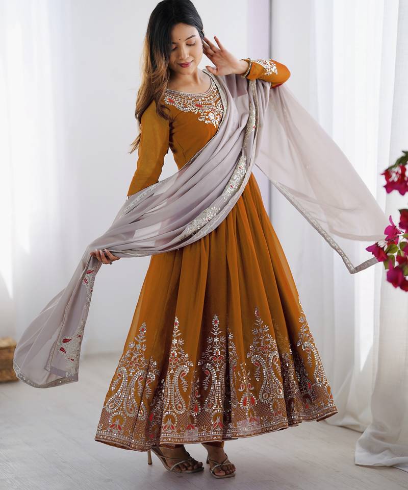 Mustard festive wear designer heavy georgette multi thread heavy 5mm embroidery sequence work readymade suit