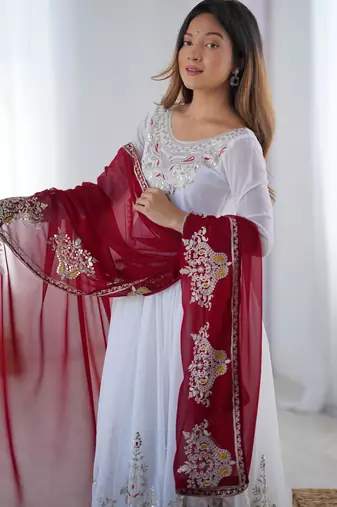 White festive wear designer heavy georgette multi thread heavy 5mm embroidery sequence work readymade suit