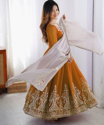 Mustard festive wear designer heavy georgette multi thread heavy 5mm embroidery sequence work readymade suit 3