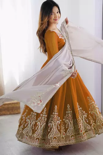 Mustard festive wear designer heavy georgette multi thread heavy 5mm embroidery sequence work readymade suit