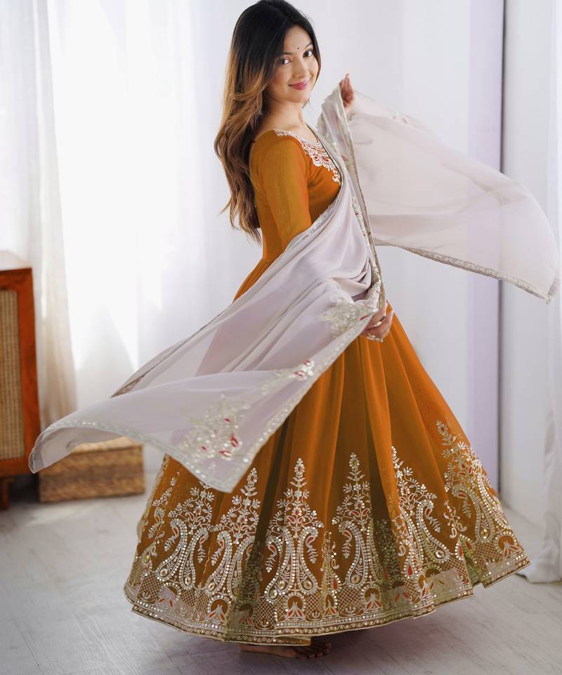 Mustard festive wear designer heavy georgette multi thread heavy 5mm embroidery sequence work readymade suit