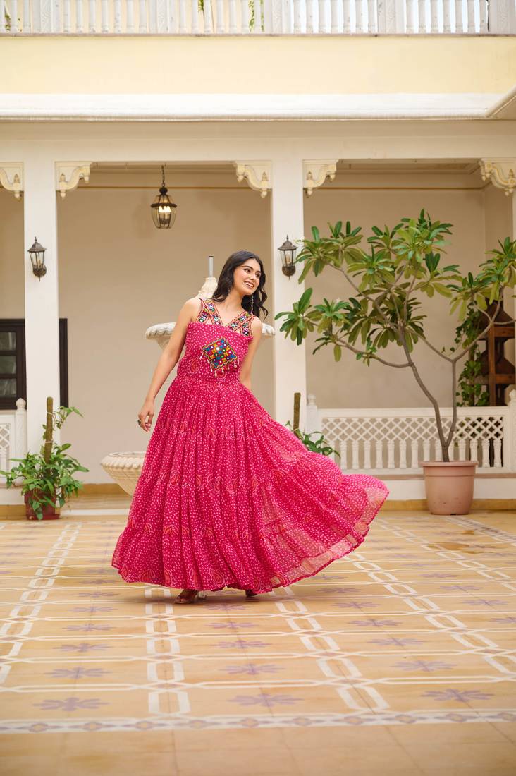 Pink festive wear designer georgette gamathi work with real mirror with original codi lace  readymade suit
