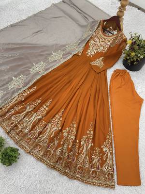 Mustard festive wear designer heavy georgette multi thread heavy 5mm embroidery sequence work readymade suit 4