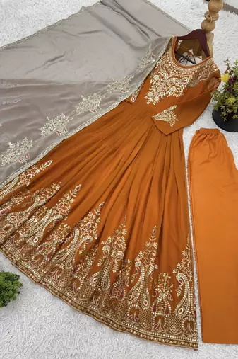 Mustard festive wear designer heavy georgette multi thread heavy 5mm embroidery sequence work readymade suit