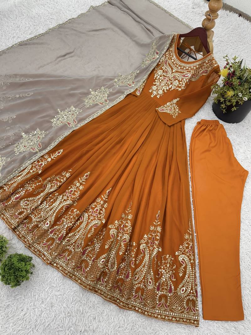 Mustard festive wear designer heavy georgette multi thread heavy 5mm embroidery sequence work readymade suit