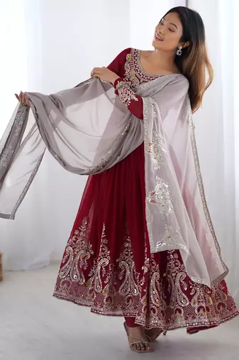 Maroon festive wear designer heavy georgette multi thread heavy 5mm embroidery sequence work readymade suit