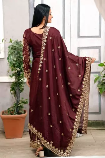 Dark brown festive wear designer chinon  readymade suit