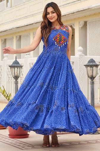 Blue festive wear designer georgette gamathi work with real mirror with original codi lace  readymade suit