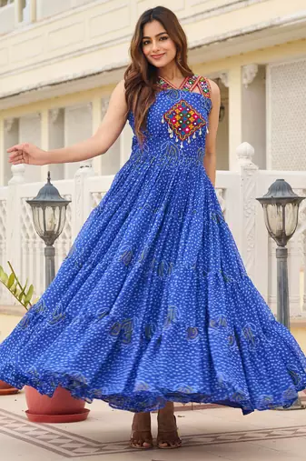 Blue festive wear designer georgette gamathi work with real mirror with original codi lace  readymade suit