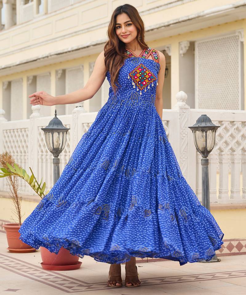 Blue festive wear designer georgette gamathi work with real mirror with original codi lace  readymade suit