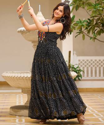 Black festive wear designer georgette gamathi work with real mirror with original codi lace  readymade suit 1