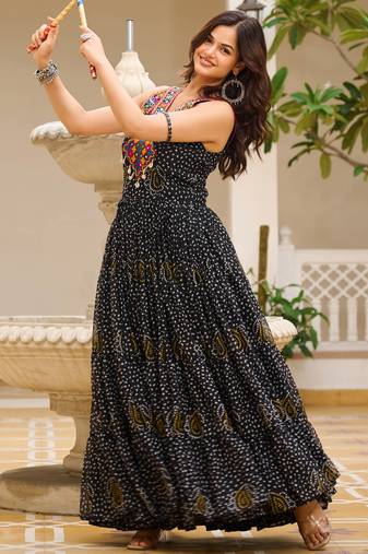 Black festive wear designer georgette gamathi work with real mirror with original codi lace  readymade suit