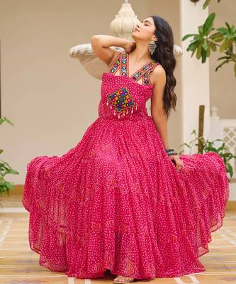 Pink festive wear designer georgette gamathi work with real mirror with original codi lace  readymade suit 3