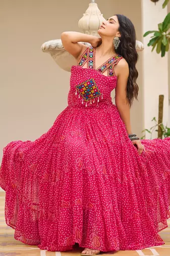 Pink festive wear designer georgette gamathi work with real mirror with original codi lace  readymade suit