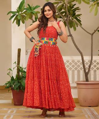 Red festive wear designer faux georgette gamathi work with real mirror with original codi lace  readymade suit 1