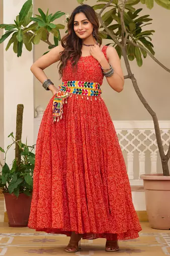 Red festive wear designer faux georgette gamathi work with real mirror with original codi lace  readymade suit