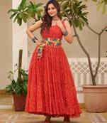 Red festive wear designer faux georgette gamathi work with real mirror with original codi lace  readymade suit